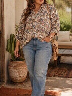 In Every Story Plus Size Cream Multi Paisley Button-Down Shirt Boho Cottagecore